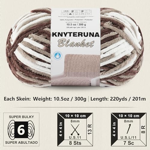 Image of #6 Super Bulky Blanket Yarn for Crocheting - 4 Skeins(Each 10.5oz /300g, 220yds /201m), Chunky Chenille Thick Plush Big Soft Yarn for Crocheting Knitting Blankets, Multi Coffee & White