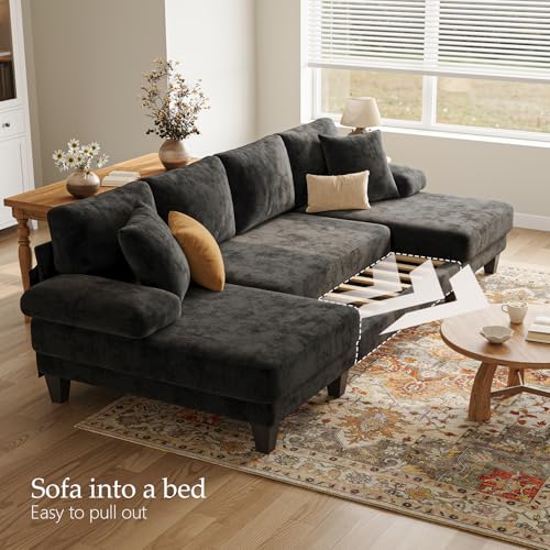 Image of Txtin's Sleeper Sofa with Pull Out Couch Bed | 112 Inch Couches for Living Room | U-Shaped Convertible Sofa Bed | Chenille Black