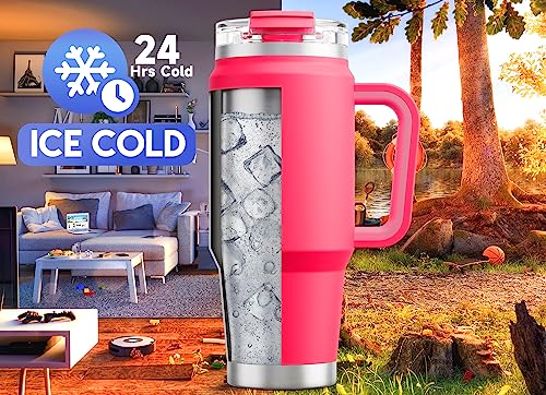 Image of Meoky 32 oz Tumbler with Handle, Insulated Tumbler with Lid and Straw, Stainless Steel Travel Mug, Keeps Cold for 24 Hours, 100% Leak Proof, Fits in Car Cup Holder (Ruby)