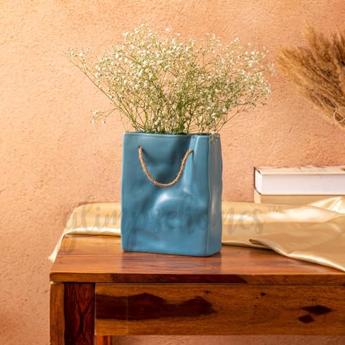 Image of Glimpse Homes Crinkled Paper Bag Vase | Ceramic Flower Vase | Living Room Decor | 8 inch (Korean Blue)