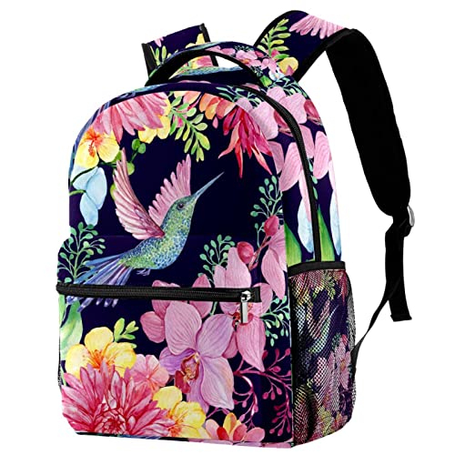 Mochila de colibrí y flores para universidad y actividades al aire libre con gran capacidad