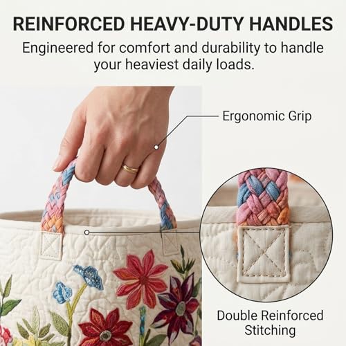 Image of Quilted Laundry Baskets with Handles, Large Floral Fabric Hampers, Extra Soft Boho Chic Storage Organizer for Nurseries, Collapsible Clothes Bins, Portable Bedroom Washing Container