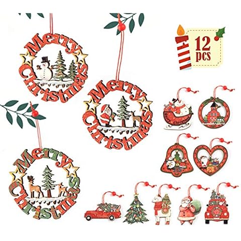 ABSOFINE 12 piezas coloridas decoraciones para árbol de Navidad colgantes de madera Cover