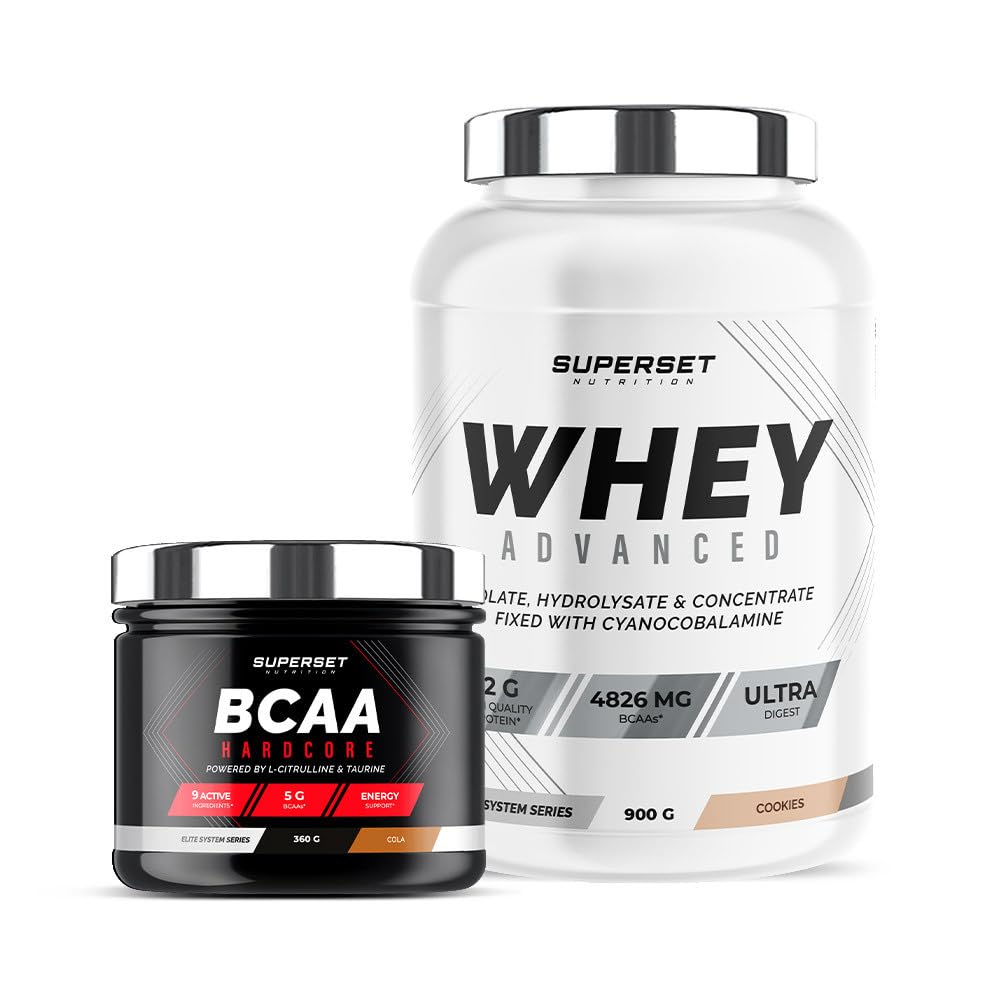 Superset Nutrition | Programme Galbe Musculaire - 100% Whey Proteine Advanced 900g Cookies - Bcaa Hardcore Cola | Permet d'obtenir un physique galbé et tonique en 4 semaines.