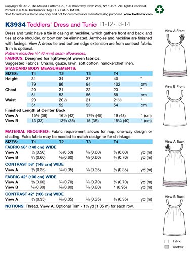 Kwik Sew K3934 Toddlers Dress And Tunic Sewing Pattern, Size T1-T2-T3-T4 #TOP1