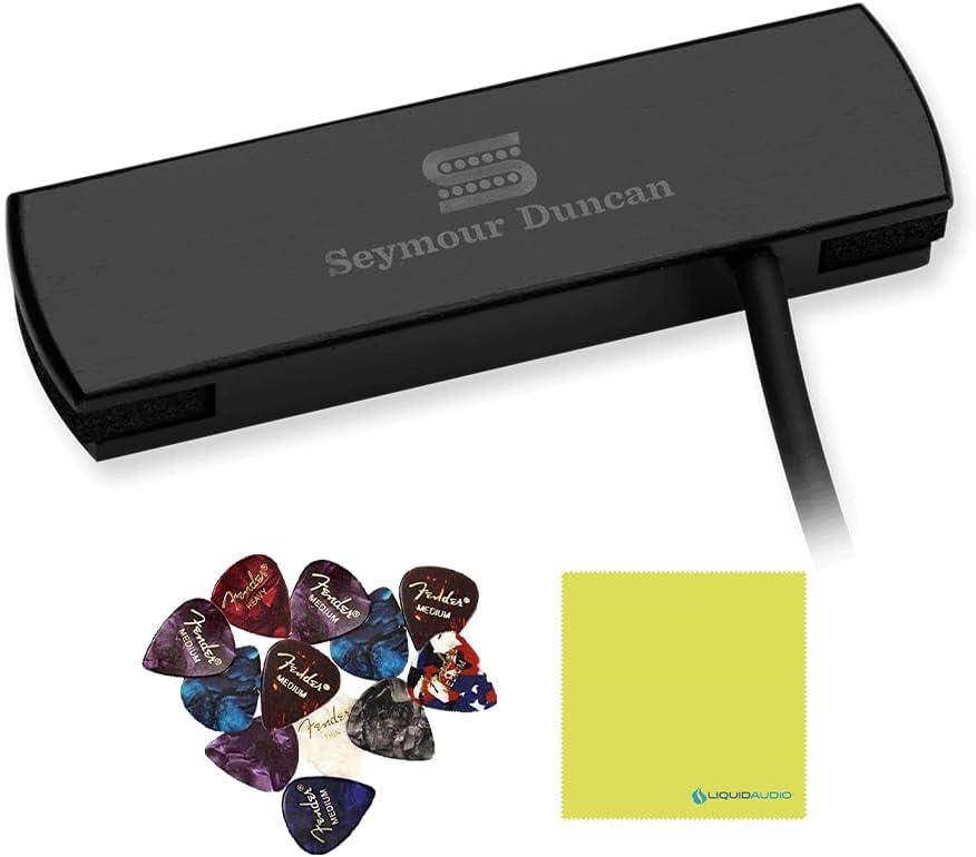 Seymour Duncan Woody Single Coil Pickups, Sound Hole Pickup Acoustic Guitar, Black Color Bundle with 12x Fender Guitar Picks and Liquid Audio Instrument Polishing Cloth - 11500-30-BLK Model