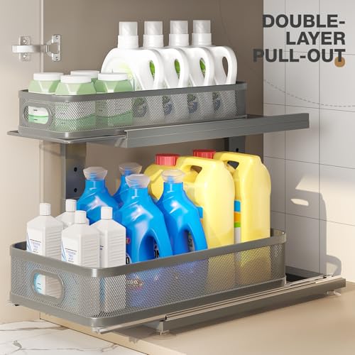 Image of 2 Pack 18.5IN-Depth Under Sink Organizer With Next-Gen Ball-Bearing Slides,2-Tier Precision Mesh Pull Out Cabinet Storage for Bathroom&Kitchen,Height Adjustable Drawers Shelf,Anti-rust-Grey