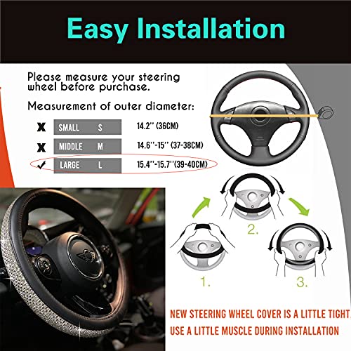 Pinctrot Large Size Bling Comfy Steering Wheel Cover With Jumbo Crystal Rhinestones, Anti-Slip Diamond Leather, 15.5-15.75 Inch (Silver) #TOP5