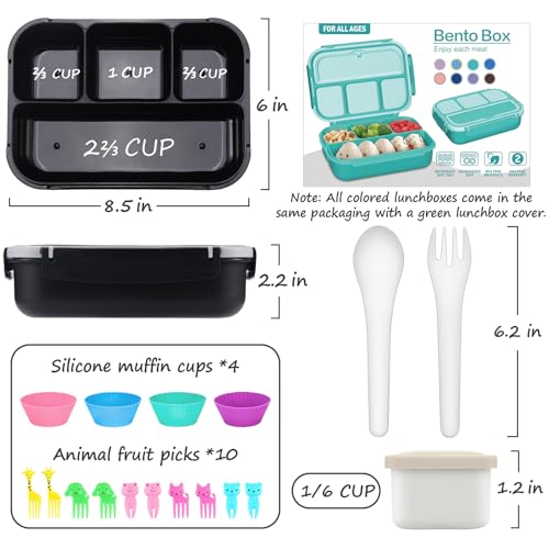 Image of QQKO Bento Box for Kids Adults, School Toddler Lunch Box for Boys Girls, Lunch Box Containers with 4 Compartments, Sauce Container, Utensils, Food Picks and Muffin Cups for School, Black Gray