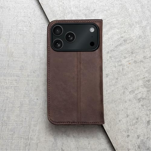PORTER RILEY – Skórzane etui kompatybilne z iPhone'em 17 Pro Max. Wysokiej jakości, skórzany stojak/etui/portfel/składany pokrowiec z przegródkami na karty i poziomą podstawką (brąz czekoladowy)