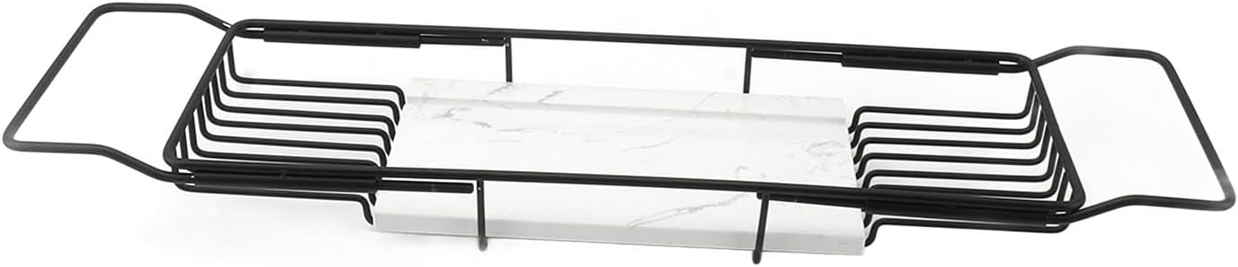 Metal Marble Bathtub Rack, Expandable Anti Slip Bathtub Tray, Multi Functional Space Saving for Bathroom, Hotel, and Home Use (Black White)