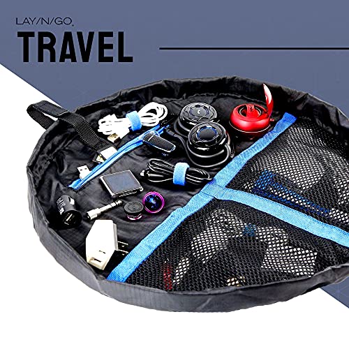 Lay-N-Go Wired Essentials Travel Drawstring Cable Management Storage Organizer & Tech Bag For Electronics, Chargers, Headphones, Accessories, Durable Patented Design, 19 Inch, Black With Blue Trim #TOP3
