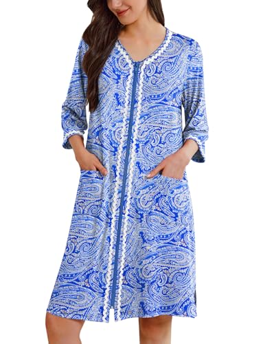Image of Ekouaer Zipper Robes for Women 3 /4 Sleeves Lightweight House Coat Zip Up Bathrobe Soft Nightgown with Pockets S-3XL