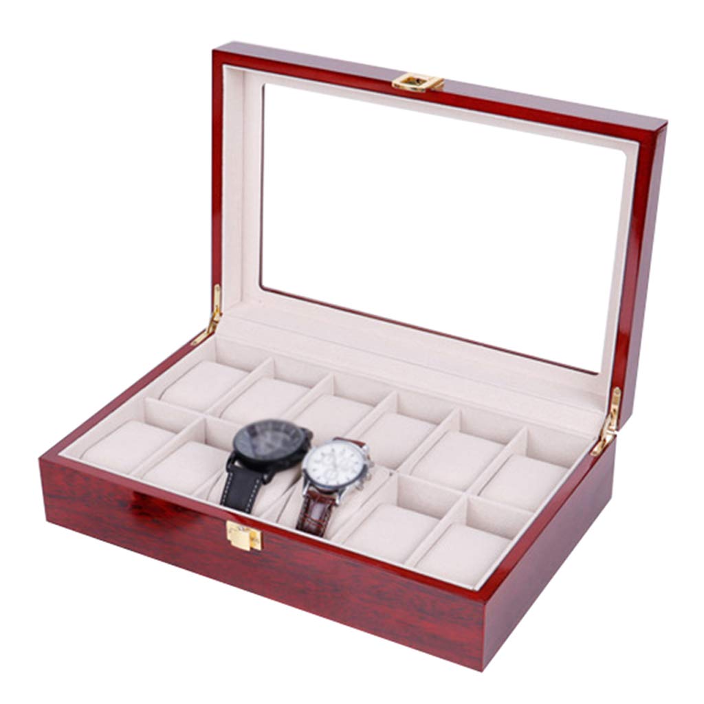 Caja de reloj de madera con 12 ranuras para reloj, caja de almacenamiento para exhibición de joyas con almohada de almacenamiento extraíble, organizador de vitrina, tapa de vidrio y hebilla de metal