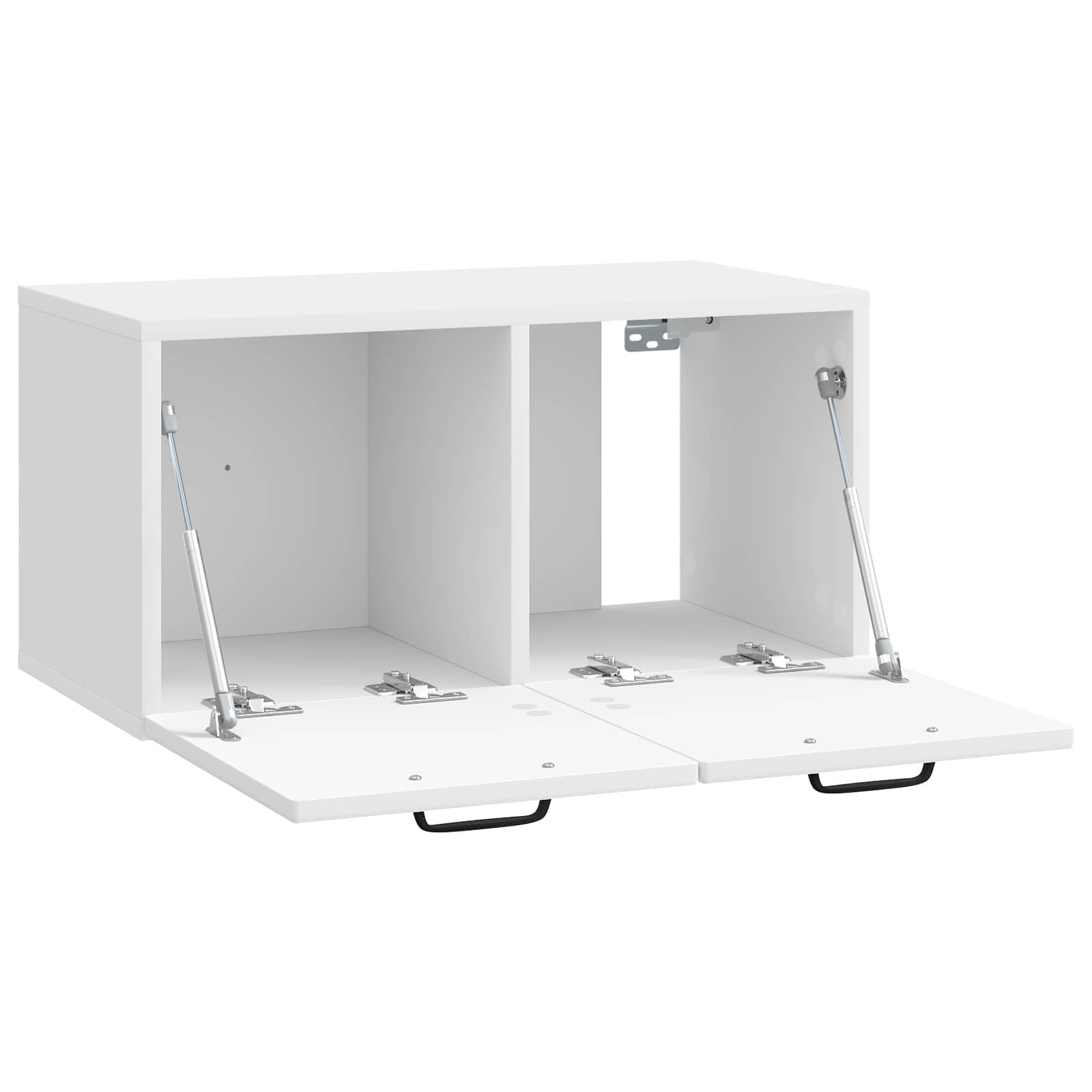 Mobile Porta TV da Muro Bianco Lucido in Legno Ingenerizzato 59,5 x 31 x 30 cm con Scomparti e Ripiani, Supporto TV Sospeso per Soggiorno, Consolle Salvaspazio con Passacavo e Anta