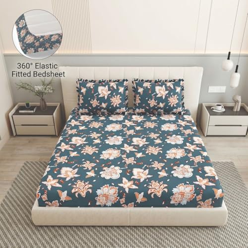Image of Dream Weaverz- Polycotton Printed Double Bed Size Fitted Elastic Bedsheet,2 Pillow Cover,260 Thread (72 inch x 78 inchx7 inch) Home, Bedroom (Green, King)