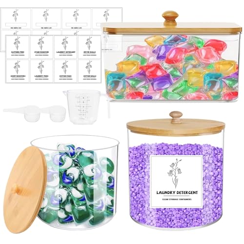Vurlexat Laundry Detergent Container with Measuring Cup, 3pcs Laundry Pods Organization Storage with 2 Half Gallon, Transparent Bathroom Laundry Dry Sheet Holder with Lids and Labels(Square)
