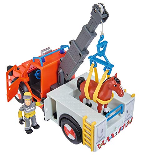 Simba 109258280 - Feuerwehrmann Sam Phoenix mit Figur und Pferd, 23cm, Mit Sam Figur und Pferd, Ausfahrbarer Kran, Mit Blaulicht