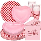 Zhehao 112 Pcs Galentine's Day Party Supplies Set for 24 Guests 9 Inch 7 Inch Paper Plates 9 oz Cups Napkins and Cutlery Pink and Red Plaid Ladies Celebration Party Decor Women Supplies