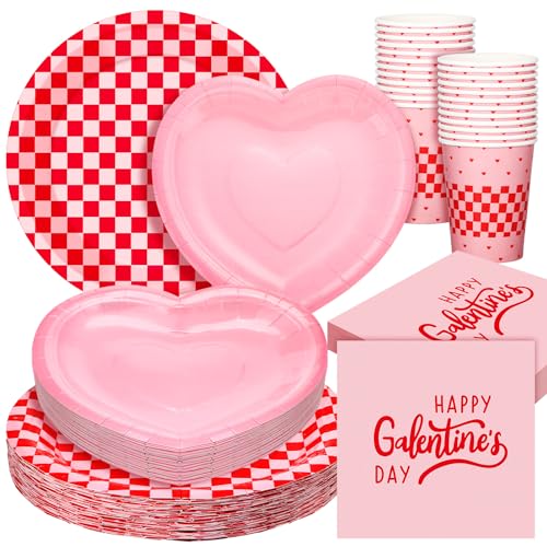Zhehao 112 Pcs Galentine's Day Party Supplies Set for 24 Guests 9 Inch 7 Inch Paper Plates 9 oz Cups Napkins and Cutlery Pink and Red Plaid Ladies Celebration Party Decor Women Supplies
