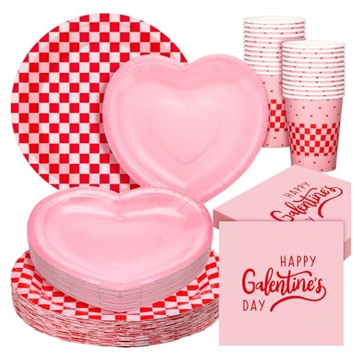 Zhehao 112 Pcs Galentine's Day Party Supplies Set for 24 Guests 9 Inch 7 Inch Paper Plates 9 oz Cups Napkins and Cutlery Pink and Red Plaid Ladies Celebration Party Decor Women Supplies