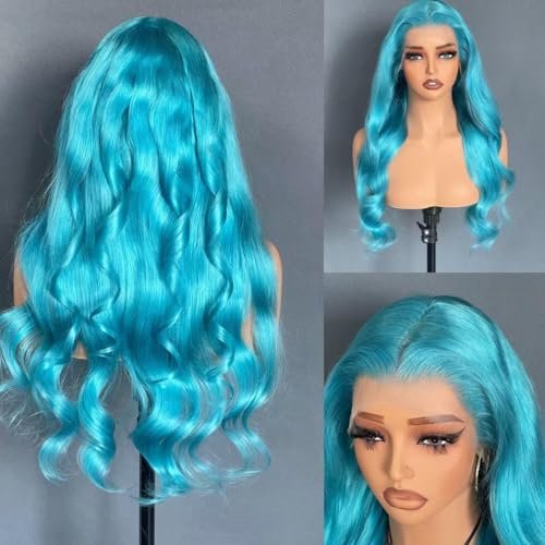 Image of 200% Density Lake BlueLace Front Wig Human Hair Body Wave13x4 UHD Transparent Lace Human HairWigs for Women Pre Plucked Pre LaceFrontal Wig Virgin Brazilian Hair 20inch