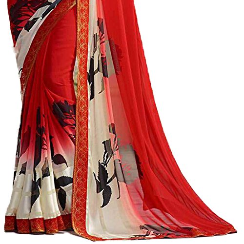 Image of RAJESHWAR FASHION WITH RF Women's Printed Georgette Sarees For Women With Jacquard Work Lace Border & Blouse Piece(Yellow Multicolored Free Size 6.30 Mtr)