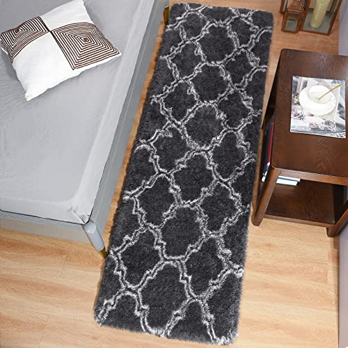 Lochas Luxury Shag Area Rug Runner Modern Indoor Plush Fluffy Rugs, Extra Soft And Comfy Carpet, Geometric Moroccan Rugs For Bedroom Living Room Girls Kids Nursery, 2X6 Feet Dark Grey/White #TOP4