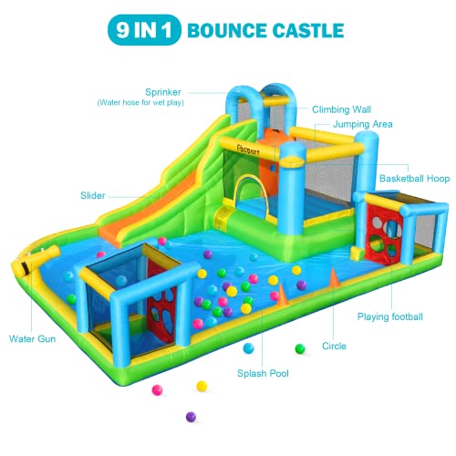 Fbsport Inflatable Bounce House, 9 In 1 Water Slide With Blower, Bouncy House For Kids Indoor Outdoor Wet Dry Combo Water Bounce House With Football Shooting, Water Gun, Splash Pool, Bounce Area, Hose #TOP1