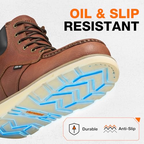 Image of NINGO Steel Toe Boots for Men, Non Slip Mens Moc Toe Boots with Water Resistant Full Grain Leather, EH Rated Oil Resistant Wedge Sole, Comfortable Safety Work Boot for Construction Industrial, Brown