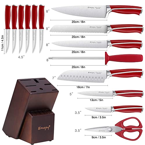 Knife Set, Emojoy 15 Piece Kitchen Knife Set With Block Wooden, German Stainless Steel Sharp Chef Knife Set With Sharpener, Dishwasher Safe And Rust Proof (Kitchen Knife Set Red) #TOP1