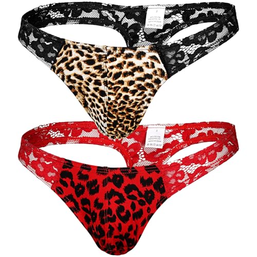 Sintege 2 Pcs String de sous-Vêtements Hommes String en Dentelle de Taille Basse en Maille de Bikini(Léopard,XL)