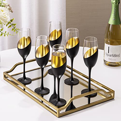Mygift Modern Stemmed Champagne Flute Glasses Set Of 6 With Matte Black And Gold Plated Design, Toasting Glass Party And Wedding Wine Glass, 8 Oz #TOP1