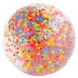 Una bola grande y alegre llena de cuentas multicolor suspendidas en líquido transparente.