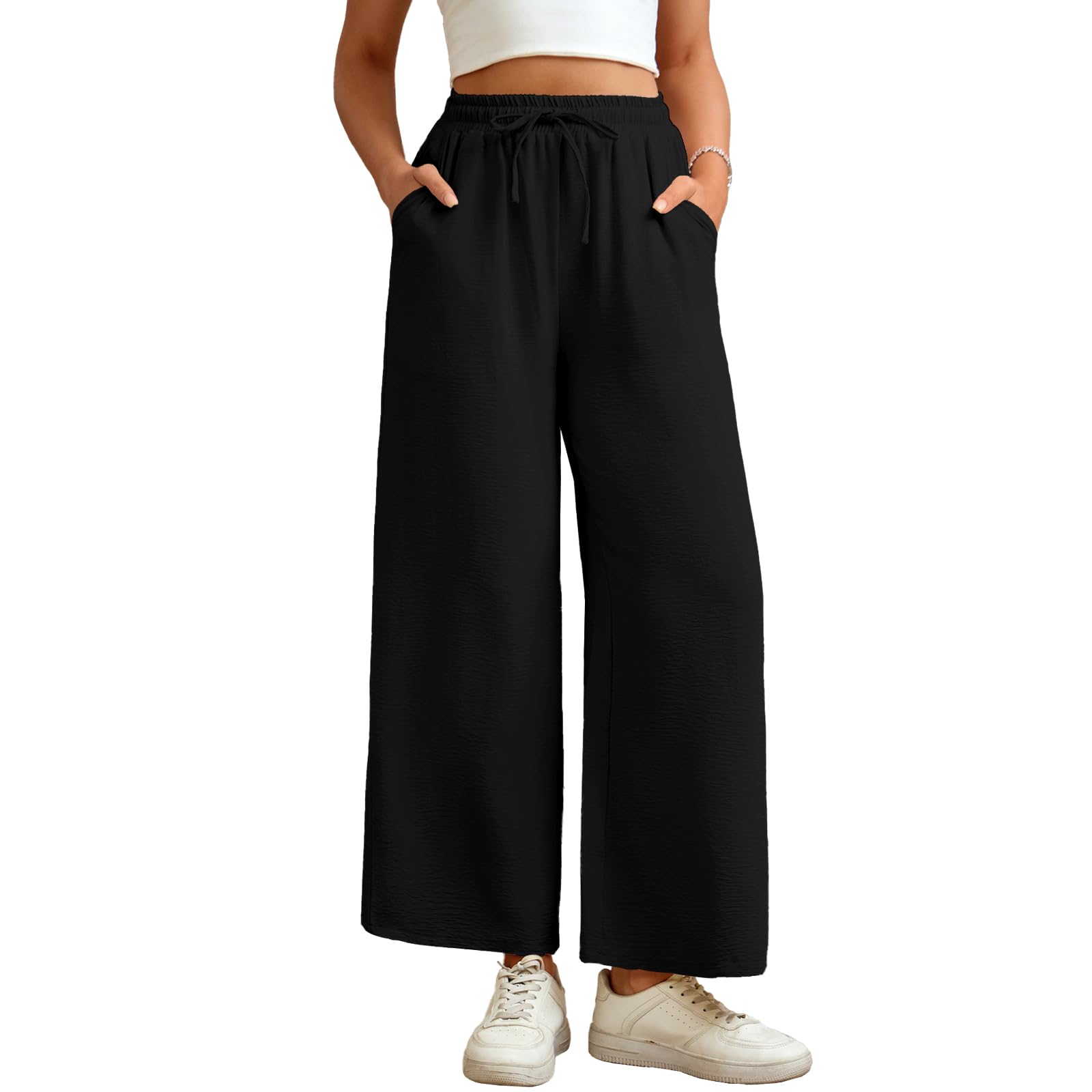 Pants for Women Wide Leg Pants Drawstring Elastic High Waist Flowy Work Formal Pants with Pockets