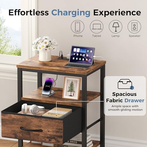 OLIXIS Nightstand with Charging Station, Beside Table with Fabric Drawer - 3