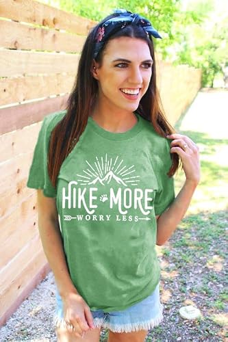 Women Hiking Camping Workout Shirts Hike More Worry Less Funny Graphic Summer Climbing Outdoor Activewear Letter Printed Tee Casual Tops, Light Green M