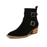 Women's Leather Ankle Boots with Adjustable Buckles, Classic Pointed Toe Chunky Wooden Low Heel Side Zipper Casual Chelsea Western Booties for Ladies Fall,Khaki Black