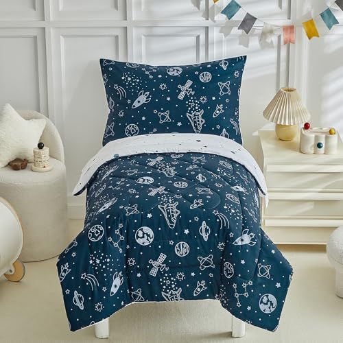 Image of 4 Pieces Toddler Bedding Set for Boy,Space Toddler Bed Comforter Set,Soft and Breathable Microfiber Crib Sheet Set,Includes Quilted Comforter, Flat Top Sheet, Fitted Sheet, Envelope Pillow Case -Blue