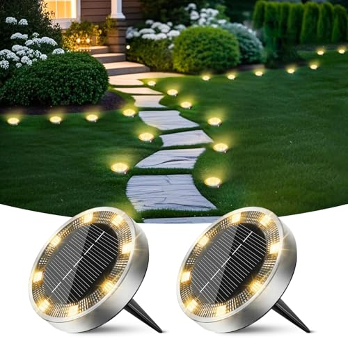 Peasur Solar Ground Lights Outdoor, 2 Pack Flat Solar Powered Disc Lights, IP68 Waterproof, Anti-Rust, Landscape Lighting for Pathway Garden Yard Lawn Walkway Landscape Driveway, Mini, Warm White
