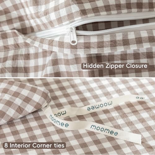 Image of MooMee Gingham Duvet Cover Set 100% Washed Cotton Linen Like Textured Breathable Durable Soft Comfy Modern Checkered Design (Mini Gingham Brown, Queen 90 inchx90 inch)