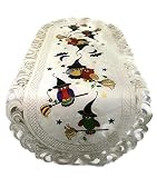 Doily Boutique Halloween Table Runner with Owls and Witch Hats Embroidered on Ivory Fabric, Size 15