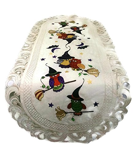 Doily Boutique Halloween Table Runner With Owls And Witch Hats Embroidered On Ivory Fabric, Size 15 X 34 Inches #TOP13