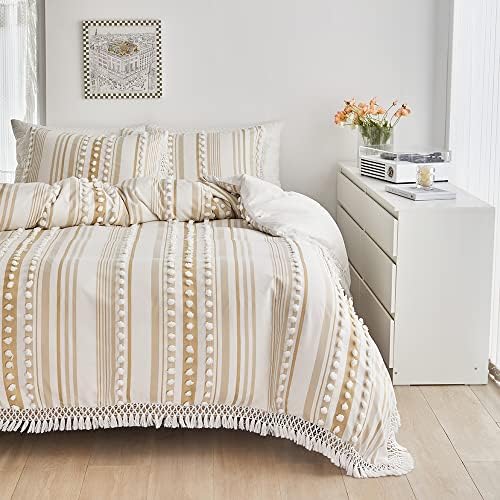 BEDLORE Boho Comforter Set Full/Queen Size, Tufted Beige and White Striped Ball Pom Pom Bedding Set with Tassel Fringe, Farmhouse Shabby Chic Bed Comforter with 2 Pillowshams for All Seasons