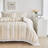 BEDLORE Boho Comforter Set Full/Queen Size, Tufted Beige and White Striped Ball Pom Pom Bedding Set