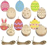 Haoser 12 Pieces Easter Egg Wooden Cutout Unfinished Wood Egg Slices Easter Wooden DIY Paint Crafts Hanging Embellishment with Twines for Easter Party Kids Painting Home Crafts Decorations Supplies