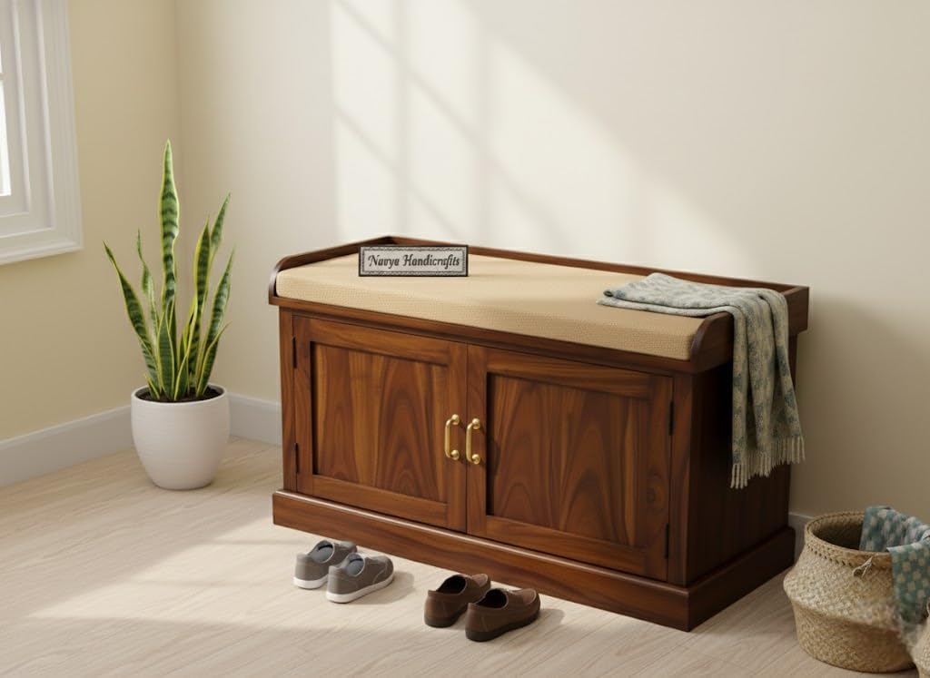 Sheesham Wood Shoe Rack with Cushion Seat & 2 Doors – Solid Wooden Shoe Cabinet Storage Organizer Bench for Entryway Hallway & Living Room Modern Shoe Stand for Home (David Honey)-image-39