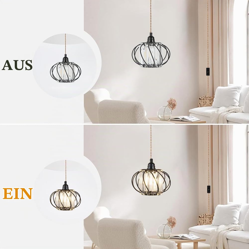 Pendelleuchte Kit mit Stecker E27 Retro Küche Hängelampe Lampenkabel mit 5 Meter Seil Kabel Dimmbar Plug in Hängeleuchte Schwarz Metall Kristall Lampenschirm Kronleuchter für Schlafzimmer Esszimmer