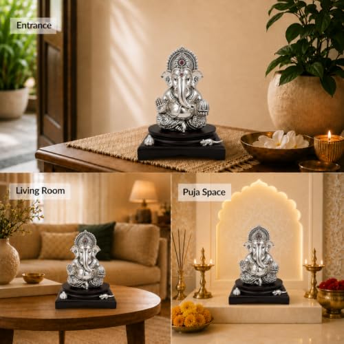 Image of Silver-Plated Lord Ganesha Idol with Modak & Mushak | Ganpati Murti for Home, Pooja Room, Office Desk & Car Dashboard | Home Decor & Diwali Gift - Large
