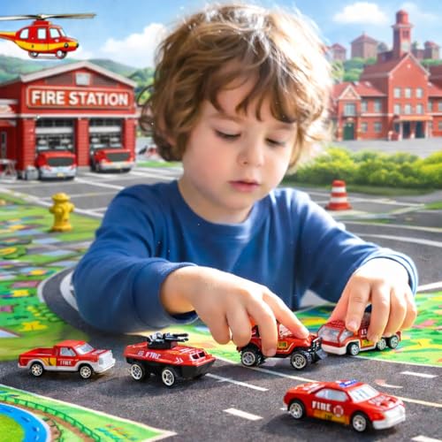 Image of Fire Truck Toy for Kids, Pack of 5 Diecast Metal Toy Cars with Free Wheel, Fire Engine, Fire Brigade Truck & Emergency Rescue Vehicle Toy Set, Birthday Gift for Boys & Girls